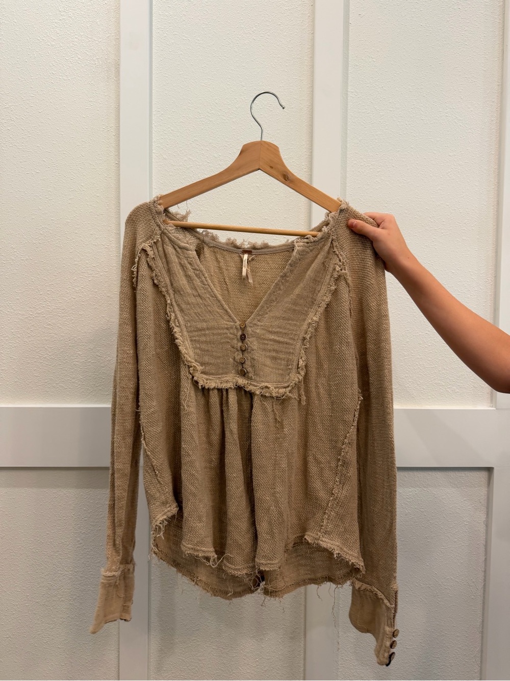 Free People Frayed V-Neck Peasant Tunic - Taupe